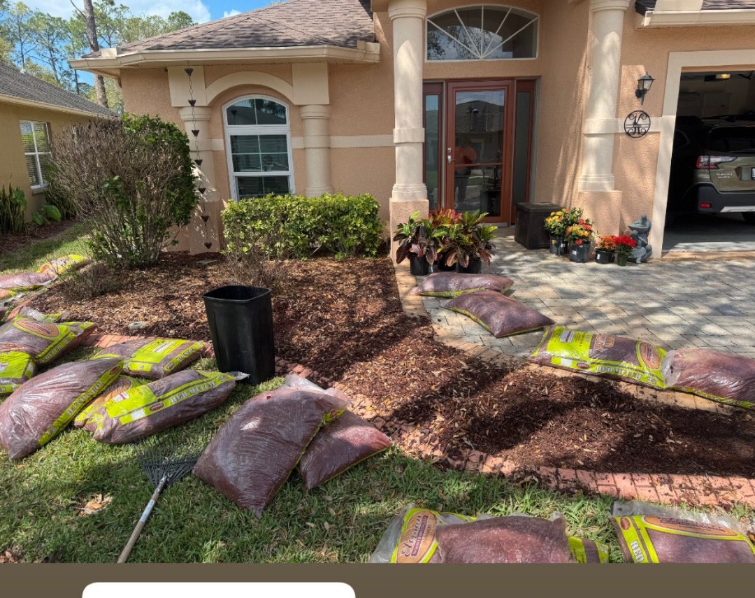 Front flower bed redone with fresh mulch, flowers and edging — before